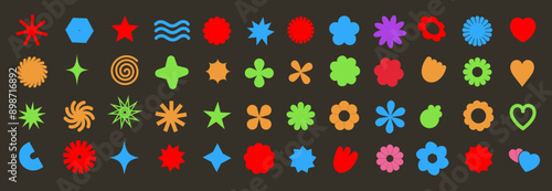 Sempel flowers and shapes icons. Daisy floral organic form cloud star and other elements in trendy playful brutal style. Vector illustrations isolated on white background.