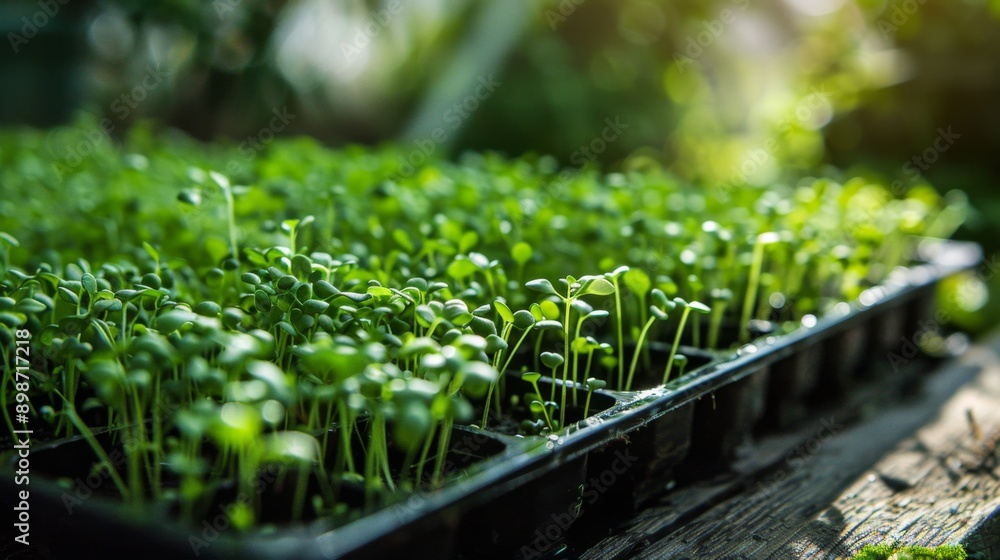 Tray of microgreens ready for harvesting, lush and dense green foliage, Tray of microgreens ready for harvesting, lush and dense green foliage,