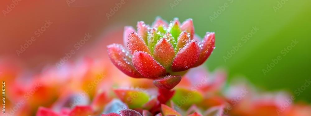 A red flower with dewdrops on its petals and a blurred background A red flower with dewdrops on its petals and a blurred background