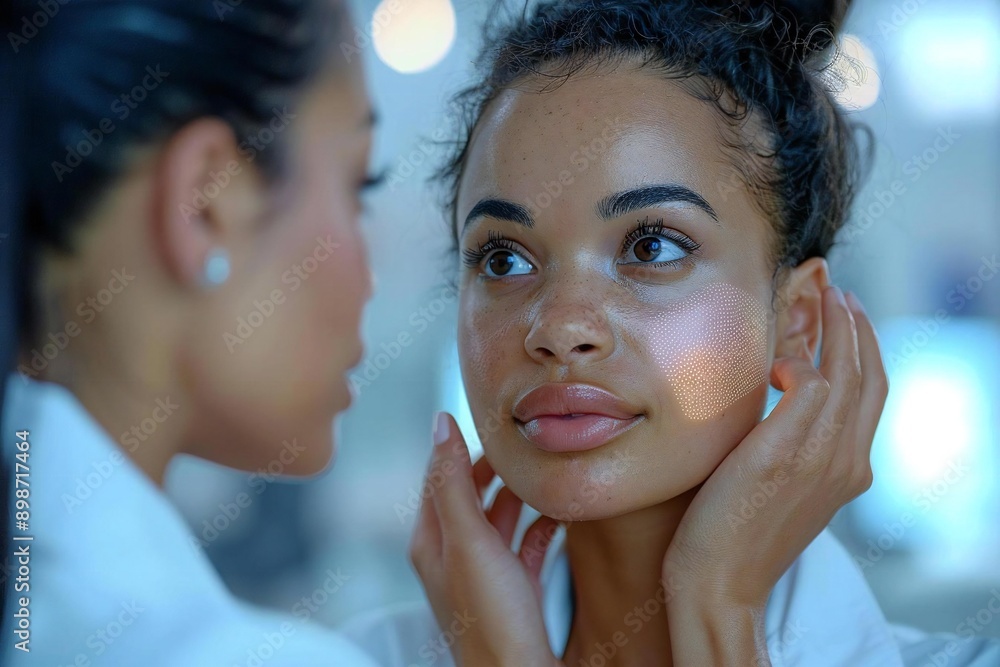Beautiful African American female doctor examining the beautiful skin of a girl with a dermatoscope in a clinic during a dermatology consultation for acne and melanoma. Beautiful African American female doctor examining the beautiful skin of a girl with a dermatoscope in a clinic during a dermatology consultation for acne and melanoma.