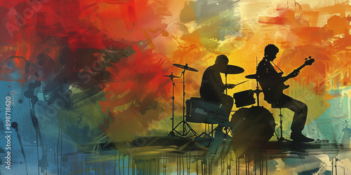 Pop rock music background banner or poster illustration. Music band concert with electric guitar and drums art abstract. Retro concept art style in red, blue and orange colors