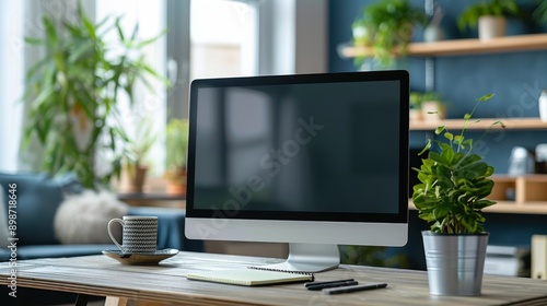 Wallpaper Mural tidy work desk with a sleek computer monitor, notepad, and a potted plant, with a softly blurred home office or living space in the background Torontodigital.ca
