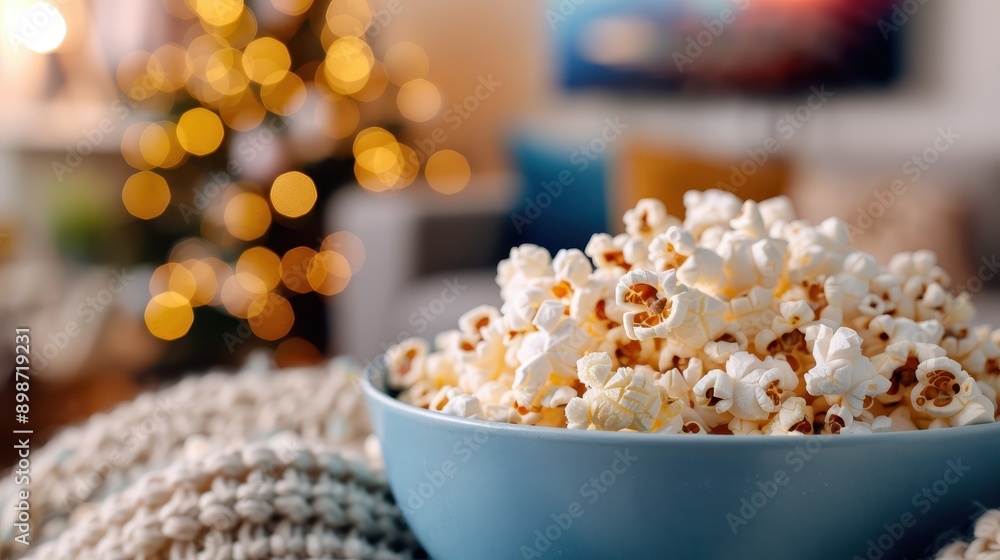 A bowl of popcorn sits atop a knitted fabric by a fireplace, surrounded by warm, festive lights creating a soothing, cozy, and inviting atmosphere perfect for relaxation. A bowl of popcorn sits atop a knitted fabric by a fireplace, surrounded by warm, festive lights creating a soothing, cozy, and inviting atmosphere perfect for relaxation.