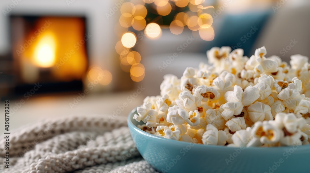 A bowl brimming with popcorn is placed on a knitted blanket near a warm fireplace, with festive lights bokeh effect in the blurred background indicating a cozy indoor scene. A bowl brimming with popcorn is placed on a knitted blanket near a warm fireplace, with festive lights bokeh effect in the blurred background indicating a cozy indoor scene.