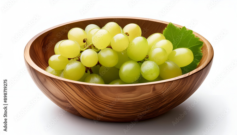 Fresh Green Grapes in Wooden Bowl With Leaf Against Plain Background