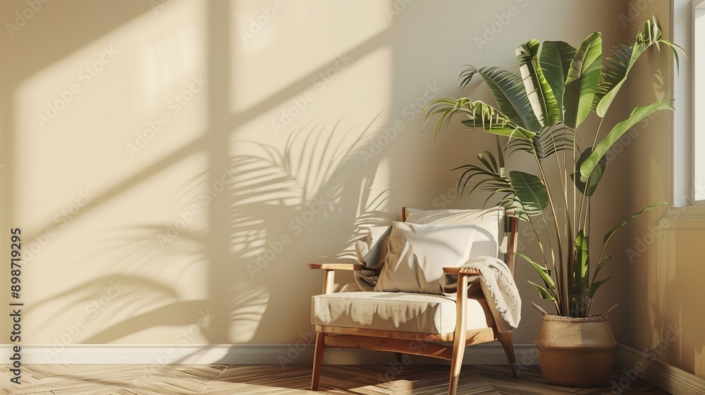 Stylish room interior with comfortable furniture and plant near beige wall Stylish room interior with comfortable furniture and plant near beige wall