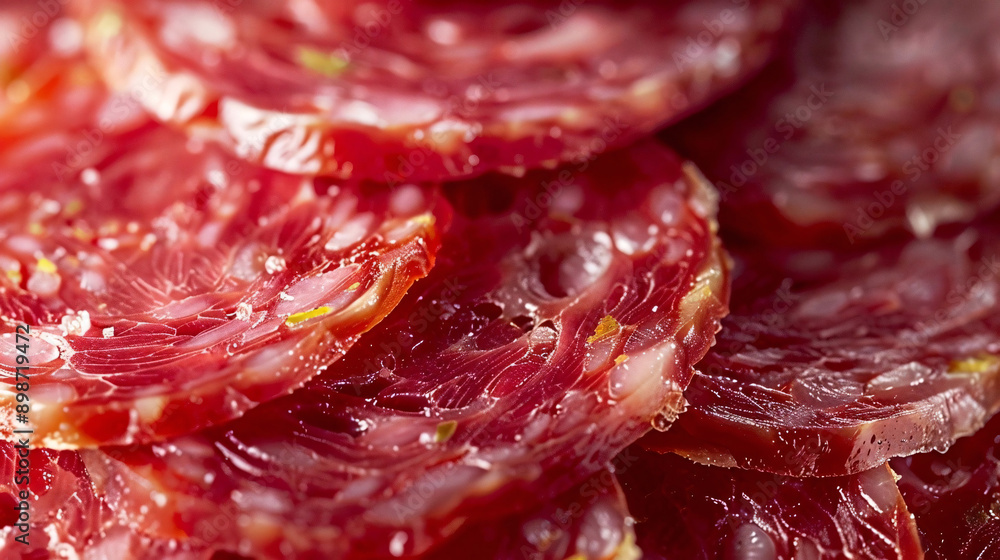 Close-up of sliced salami, showcasing its marbled texture and rich red color Close-up of sliced salami, showcasing its marbled texture and rich red color