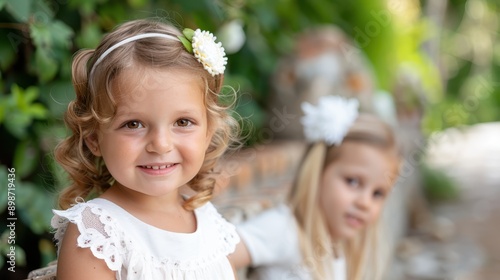 Two little girls in white dresses and floral headbands sitting outdoors, smiling sweetly at the camera while surrounded by greenery, representing innocence and joy.