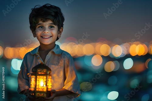 Stock minimalist photograph of an Arab boy with dark hair, wearing light clothes, smiling and holding a lantern against the backdrop of a brightly lit evening city. Genrative AI photo