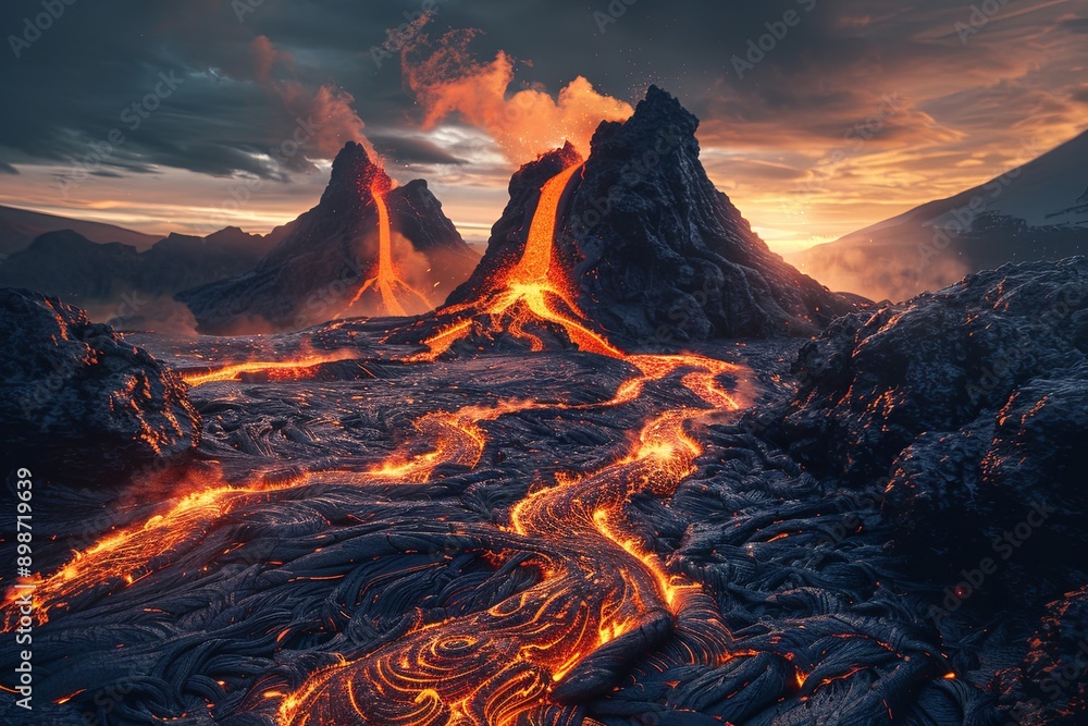 Dramatic sunset over flowing lava rivers from erupting volcanoes in remote landscape Dramatic sunset over flowing lava rivers from erupting volcanoes in remote landscape