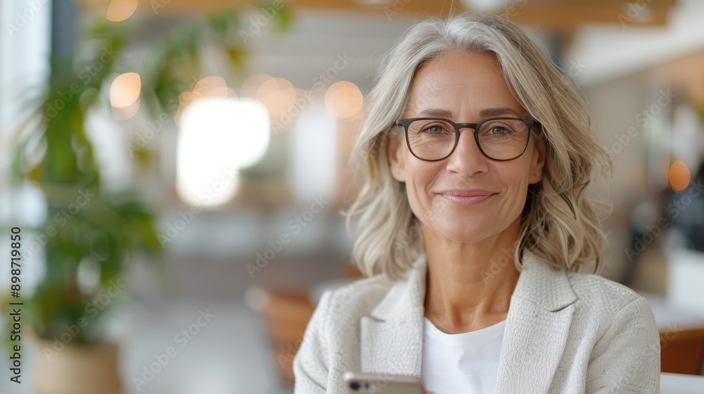 A confident woman with gray hair and glasses is smiling while using her smartphone in a modern setting. The scene highlights the ease and connectivity of contemporary life. A confident woman with gray hair and glasses is smiling while using her smartphone in a modern setting. The scene highlights the ease and connectivity of contemporary life.