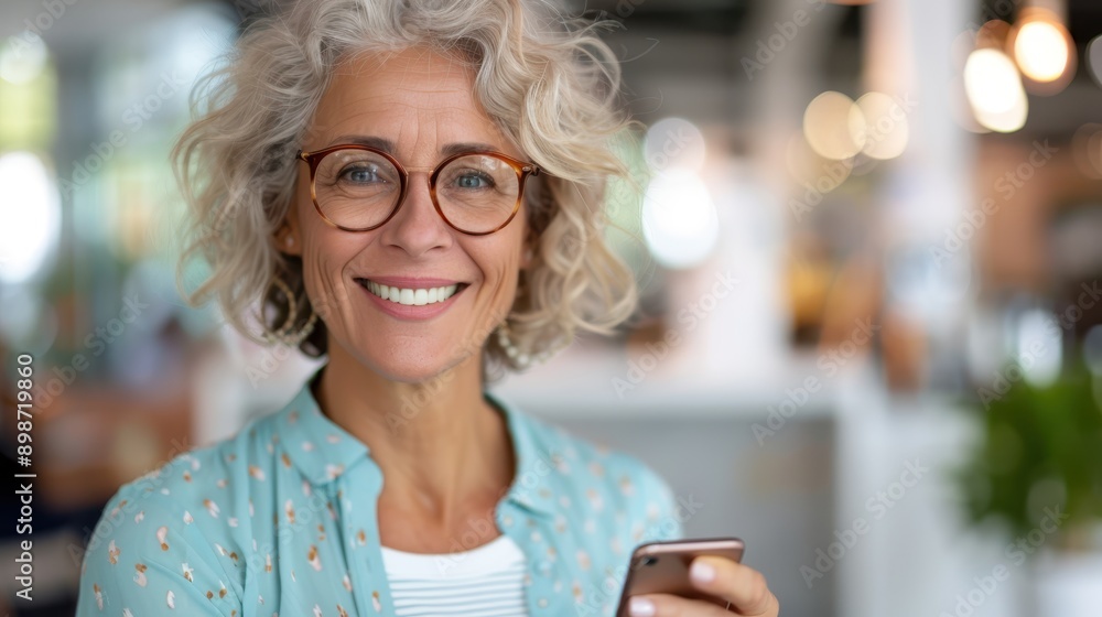 A stylish woman with gray curly hair and glasses is smiling while holding a smartphone outdoors. This image represents confidence, technology, and urban living. A stylish woman with gray curly hair and glasses is smiling while holding a smartphone outdoors. This image represents confidence, technology, and urban living.