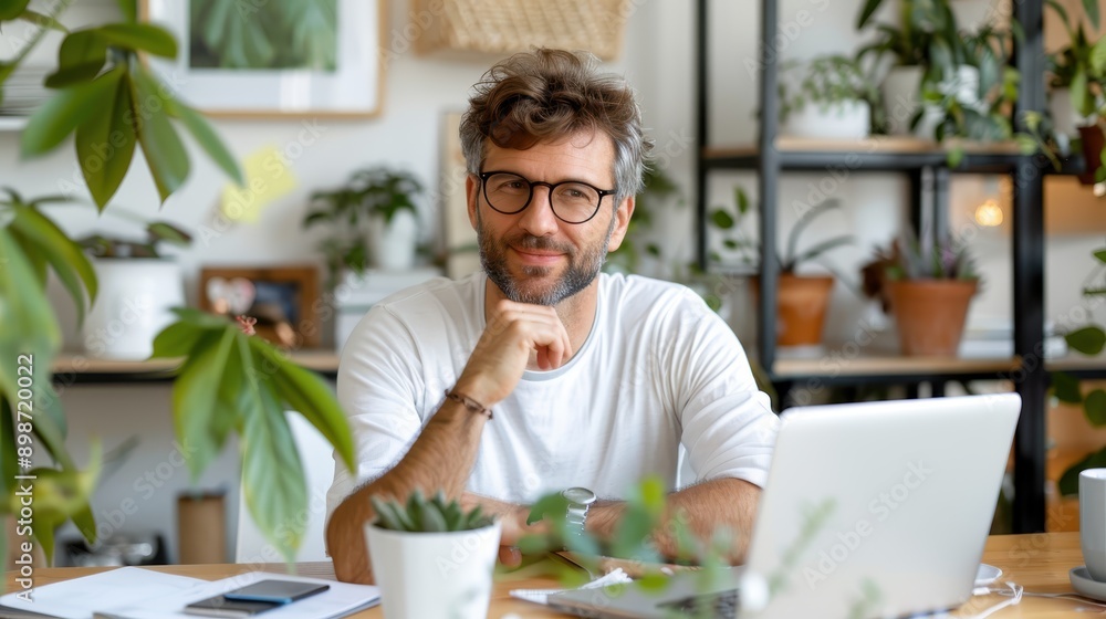 A man with glasses and a white shirt works on a laptop in a plant-filled home office. His thoughtful expression and organized workspace reflect a blend of creativity and serenity. A man with glasses and a white shirt works on a laptop in a plant-filled home office. His thoughtful expression and organized workspace reflect a blend of creativity and serenity.