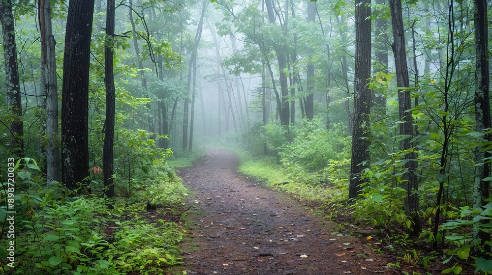 Obraz premium The trails in the forest fog. Mist forest trails in fog