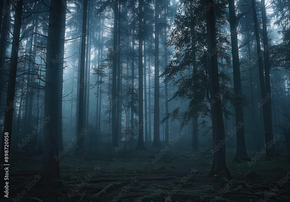 A serene and misty forest during dawn, characterized by tall trees and a moody, blue atmosphere. A serene and misty forest during dawn, characterized by tall trees and a moody, blue atmosphere.