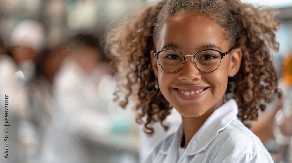 A girl with glasses and curly hair is smiling in a classroom setting, surrounded by lab equipment, indicating a learning environment with focus on science. A girl with glasses and curly hair is smiling in a classroom setting, surrounded by lab equipment, indicating a learning environment with focus on science.