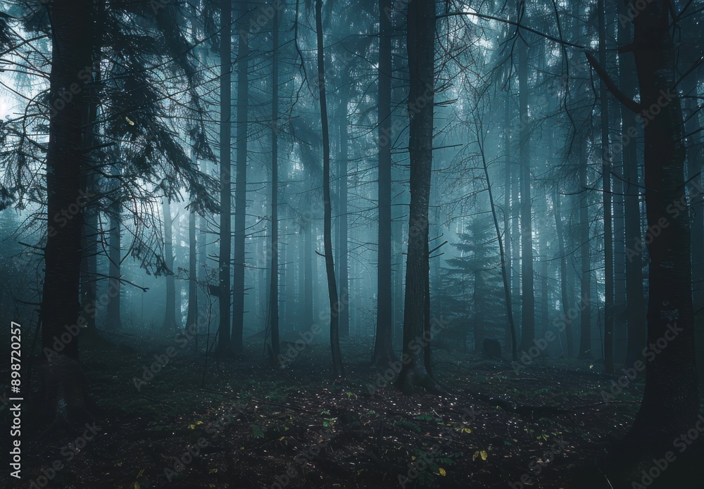 A misty forest with tall trees creating an eerie atmosphere. A misty forest with tall trees creating an eerie atmosphere.