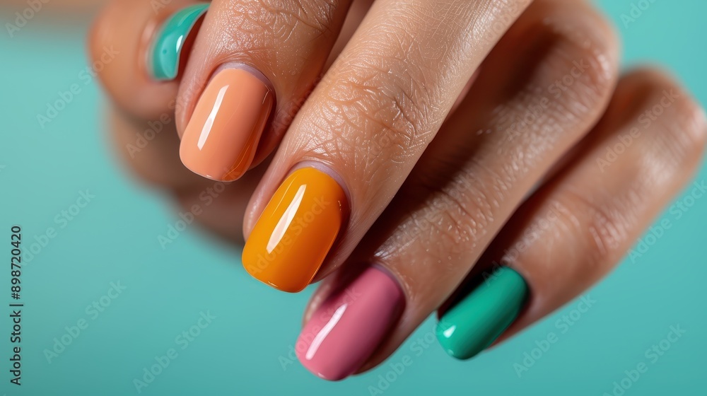 Close-up of a hand adorned with beautifully multicolored nails, each nail painted in a unique shade, representing a creative and fashionable approach to nail art. Close-up of a hand adorned with beautifully multicolored nails, each nail painted in a unique shade, representing a creative and fashionable approach to nail art.