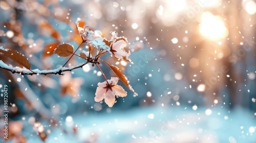 This image captures a tree branch with delicate flowers covered in snow, softened by the ambient wintertime light, emphasizing the contrast between fragility and the winter's harshness.