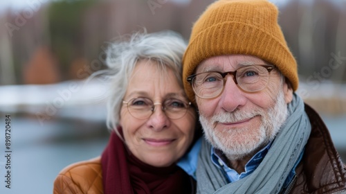 A happy elderly couple, dressed in warm brown and yellow clothing with scarves and beanies, is pictured outdoors during wintertime, showcasing a strong bond and joy. © Lens Legacy