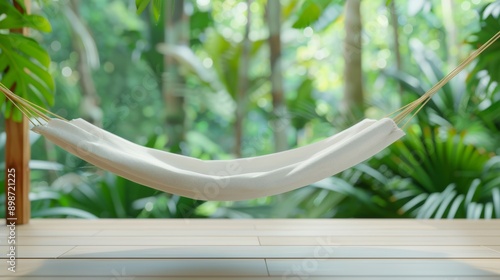 A tranquil hammock nestled in a lush garden, inviting relaxation and peace amidst nature's beauty. photo