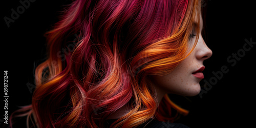 Woman with vibrant red and orange hair showcases stunning multi-tonal dye job against dark background. Concept of beauty, creativity, and self-expression.