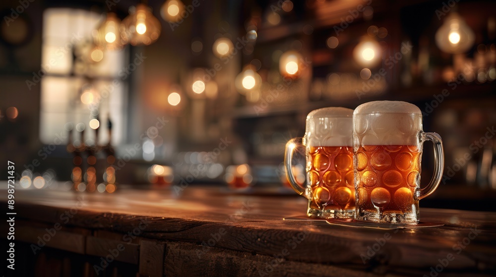 Two full beer mugs sit on a bar counter, illuminated by soft lighting in a pub setting. Generative AI Two full beer mugs sit on a bar counter, illuminated by soft lighting in a pub setting. Generative AI