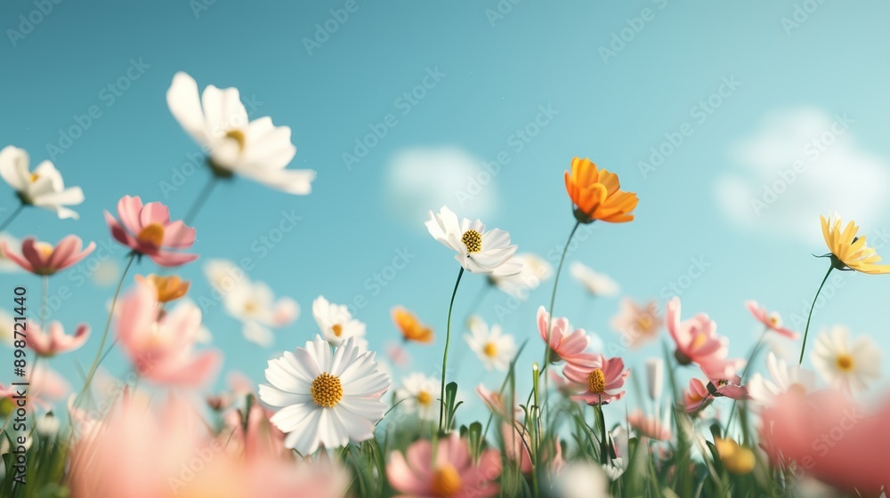 A vibrant field of flowers in bloom under a clear blue sky, perfect for illustrating nature's beauty and serenity. A vibrant field of flowers in bloom under a clear blue sky, perfect for illustrating nature's beauty and serenity.