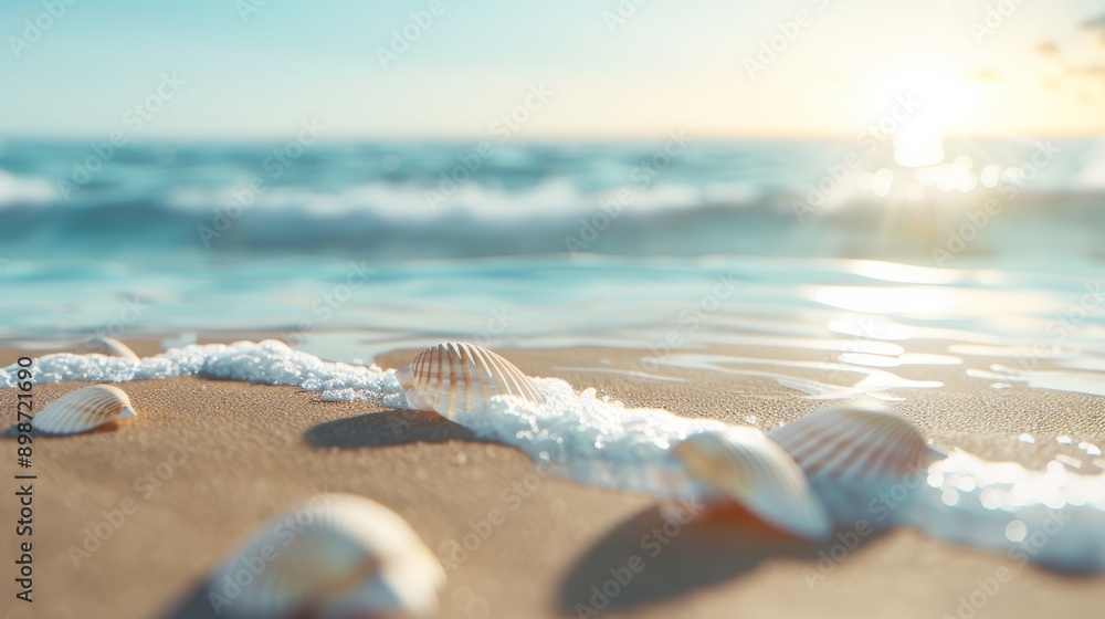 Close-up of seashells on a sandy beach during sunset, with gentle waves and soft sunlight in the background. Close-up of seashells on a sandy beach during sunset, with gentle waves and soft sunlight in the background.