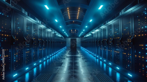 Modern server room environment with data processing servers blinking lights © ProVector