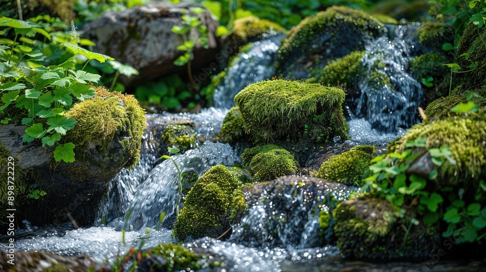 The water of the stream flows over mossy stones. Forest stream waterfall. Waterfall stream on mossy rocks. Mossy forest waterfall stream The water of the stream flows over mossy stones. Forest stream waterfall. Waterfall stream on mossy rocks. Mossy forest waterfall stream