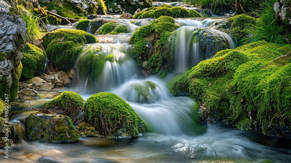The water of the stream flows over mossy stones. Forest stream waterfall. Waterfall stream on mossy rocks. Mossy forest waterfall stream The water of the stream flows over mossy stones. Forest stream waterfall. Waterfall stream on mossy rocks. Mossy forest waterfall stream