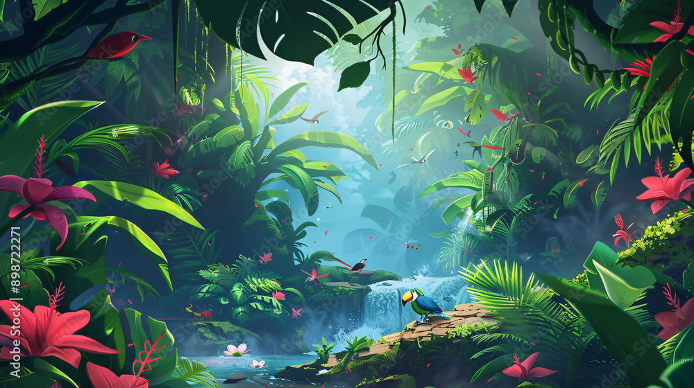 Stunning waterfall flowing down boulders in a vibrant and lush tropical jungle Stunning waterfall flowing down boulders in a vibrant and lush tropical jungle