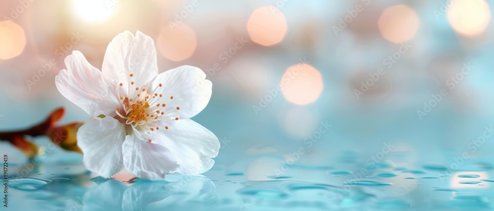 A white flower, tightly framed, against a blue backdrop Background softly blurred with scattered light A white flower, tightly framed, against a blue backdrop Background softly blurred with scattered light