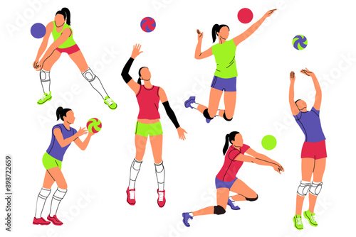Big vector set of volleyball players. Sportswomen playing volleyball, posing and serving the ball.