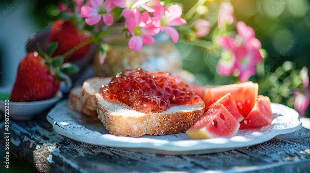 Jam and bread on the table. Selective focus. Jam and bread on the table. Selective focus.