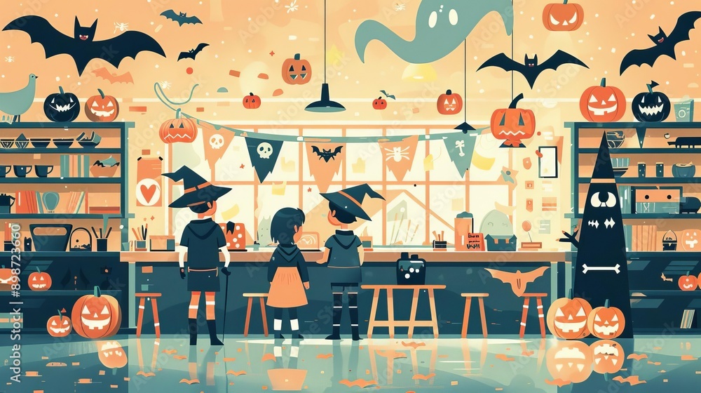 Flat design of a fun Halloween-themed classroom with students in costumes, a teacher dressed as a witch, and decorations like pumpkins, bats, and ghosts hanging from the ceiling Flat design of a fun Halloween-themed classroom with students in costumes, a teacher dressed as a witch, and decorations like pumpkins, bats, and ghosts hanging from the ceiling