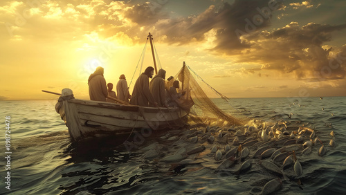 Jesus' Miracle of the Fish (Miraculous catch of fish), Bible Illustration - AI Generated [16:9 ratio]