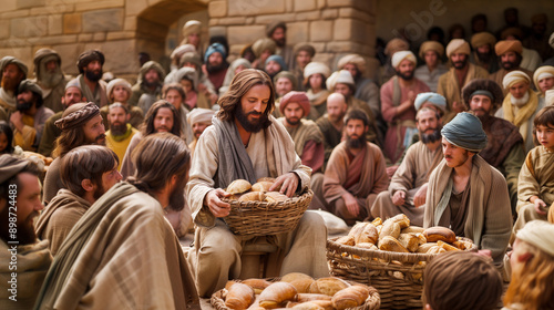 Jesus feeds five thousand with loaves. - Wallpaper, Desktop Background - AI Generated