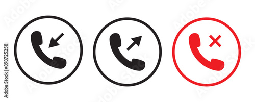 Phone icon. incoming call, outgoing call, missed call line icon, Answer and decline phone call buttons stock vector
