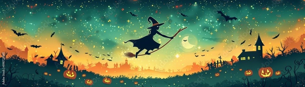 Flat design of a smiling witch flying on a broomstick over a moonlit sky with stars and bats, with a haunted house and pumpkin patch below, creating a whimsical Halloween vibe Flat design of a smiling witch flying on a broomstick over a moonlit sky with stars and bats, with a haunted house and pumpkin patch below, creating a whimsical Halloween vibe