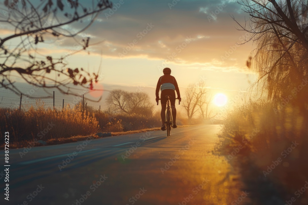 A person cycling down a road during the golden hour A person cycling down a road during the golden hour