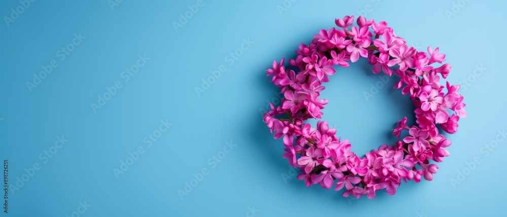  A circle of pink flowers on a blue backdrop with an empty space for the letter O in the center