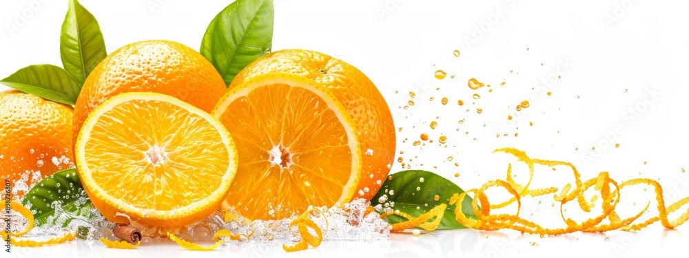 A collection of halved oranges with leaves and water spraying, against a pristine white backdrop A collection of halved oranges with leaves and water spraying, against a pristine white backdrop