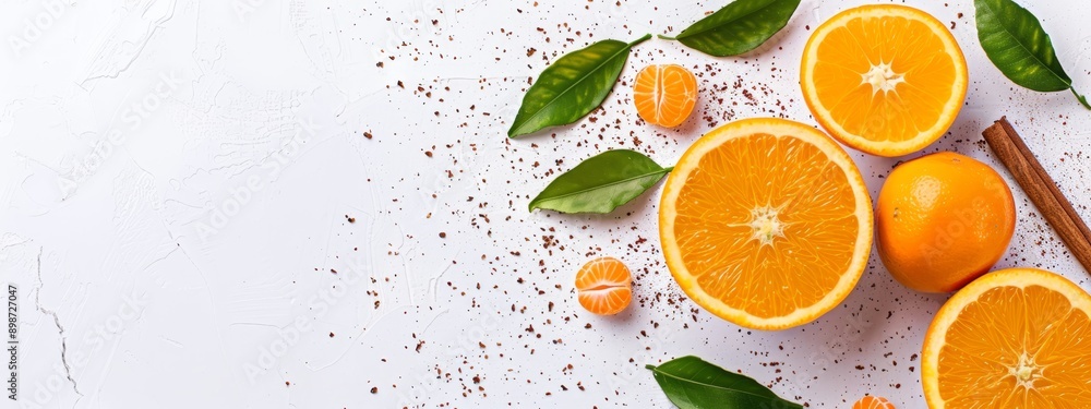 A collection of orange halves on a pristine white backdrop, accompanied by cinnamon sticks and verdant leaves A collection of orange halves on a pristine white backdrop, accompanied by cinnamon sticks and verdant leaves