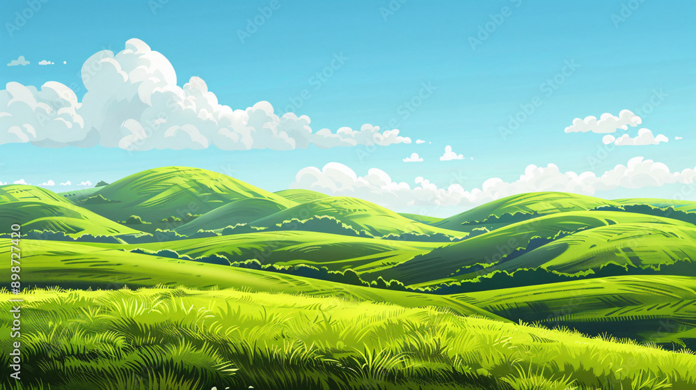 Beautiful summer day: rolling green hills and blue sky with fluffy white clouds Beautiful summer day: rolling green hills and blue sky with fluffy white clouds