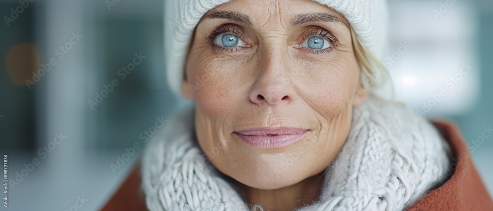 An older woman dons a white knitted hat and two scarves around her neck An older woman dons a white knitted hat and two scarves around her neck