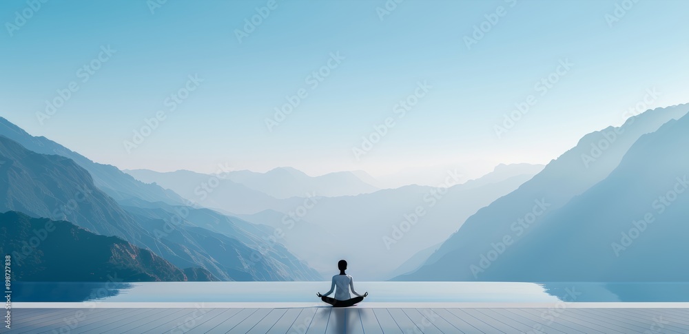 Serene meditation in nature, overlooking a tranquil mountain landscape with clear skies and calm waters. Serene meditation in nature, overlooking a tranquil mountain landscape with clear skies and calm waters.