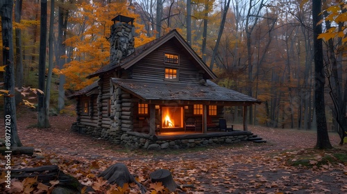 a charming rustic cabin in the woods during fall, stone chimney, vibrant autumn foliage