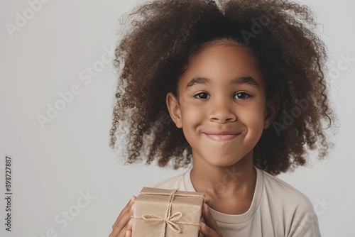 Smiling Child Holding Gift Box with Red Ribbon photo